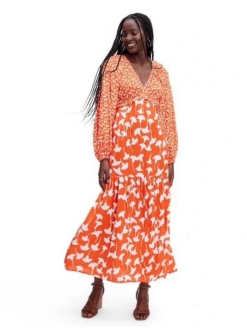 NWT Diane Von Furstenberg Orange and White Printed V‑Neck Maxi Sun Dress Sz XXS